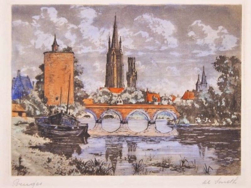 Ingekleurde ets "Bruges" Henri De Smeth